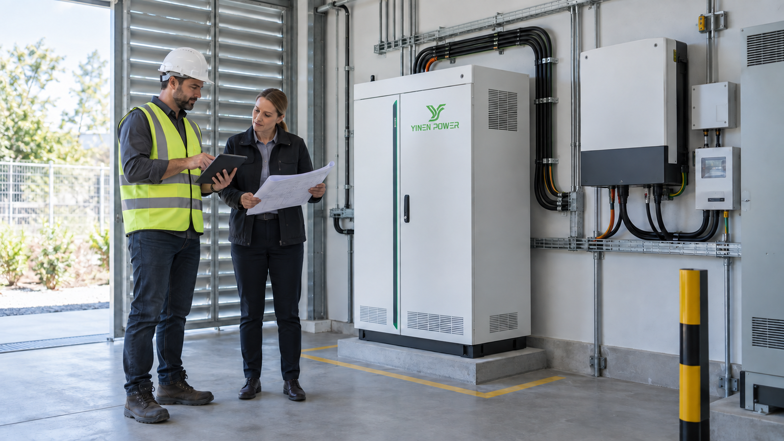 Project team reviewing a battery energy storage cabinet and electrical plans