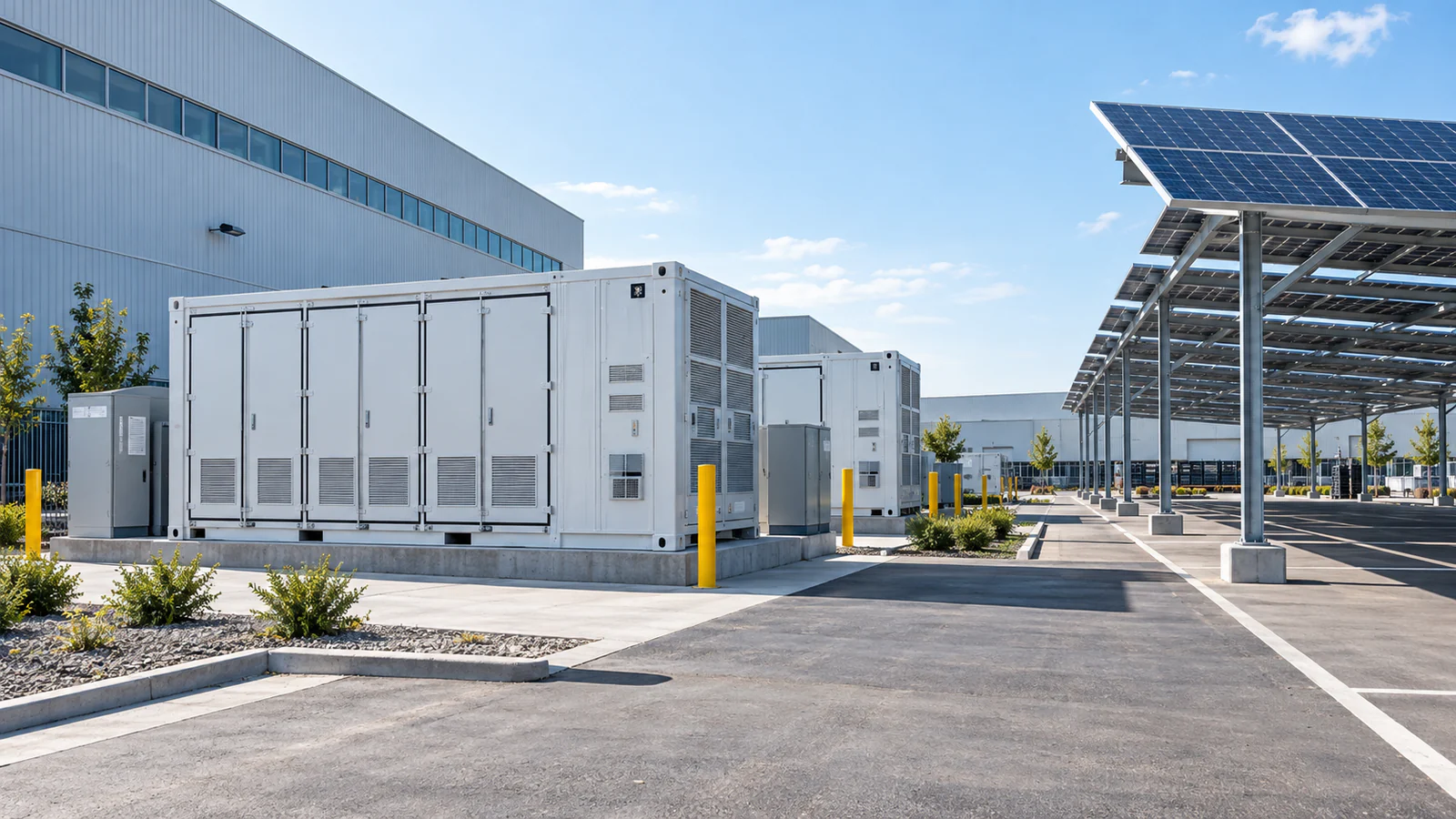 Commercial industrial battery energy storage system beside a solar carport