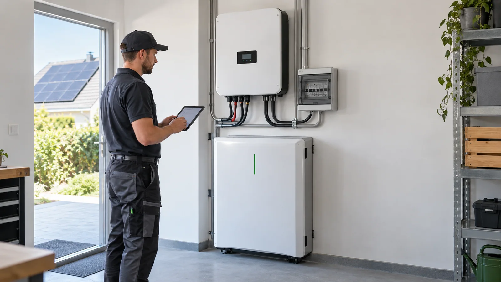 Technician inspecting a residential solar battery and hybrid inverter using a monitoring tablet