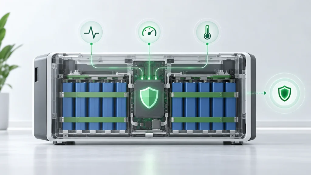 Illustration of a battery management system monitoring lithium battery voltage current and temperature