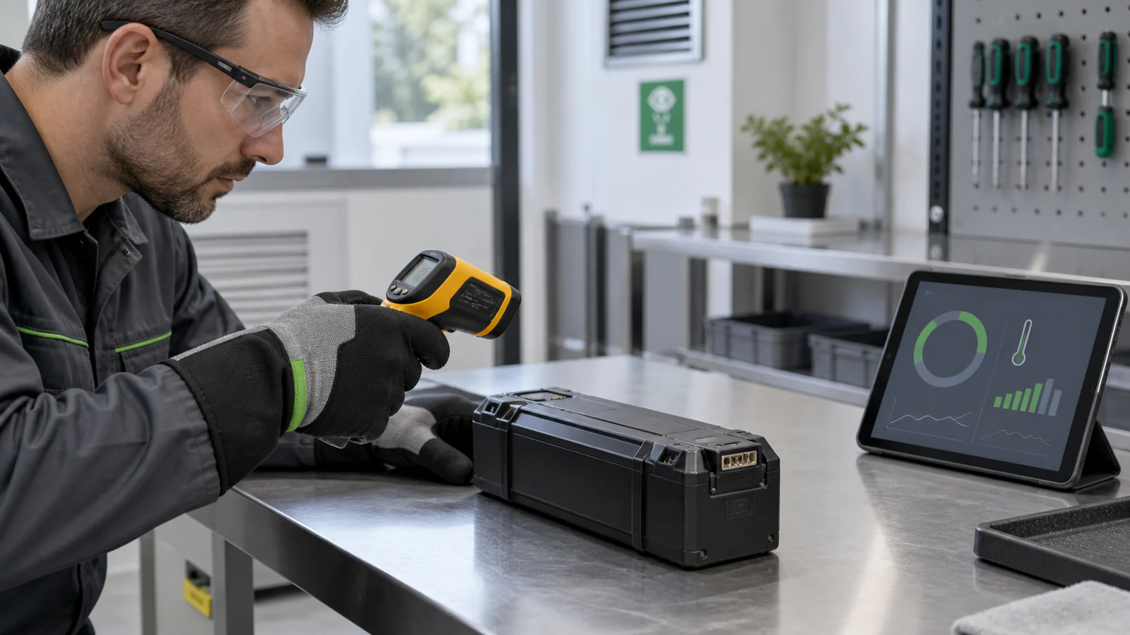 Qualified technician performing a non-invasive lithium battery safety inspection