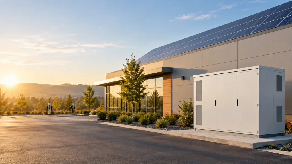 Commercial building with rooftop solar panels and outdoor battery energy storage cabinet