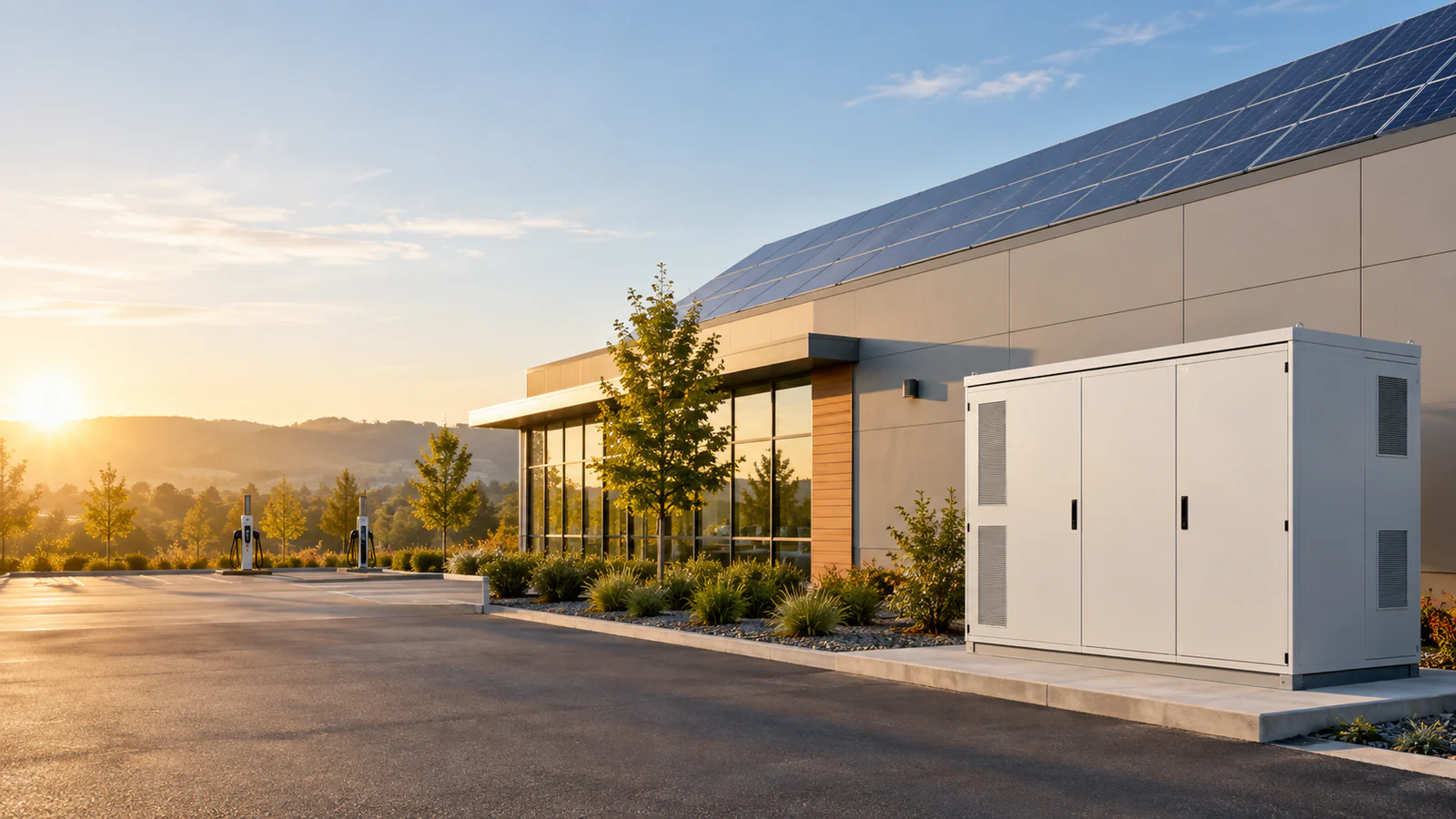 Commercial building with rooftop solar panels and outdoor battery energy storage cabinet