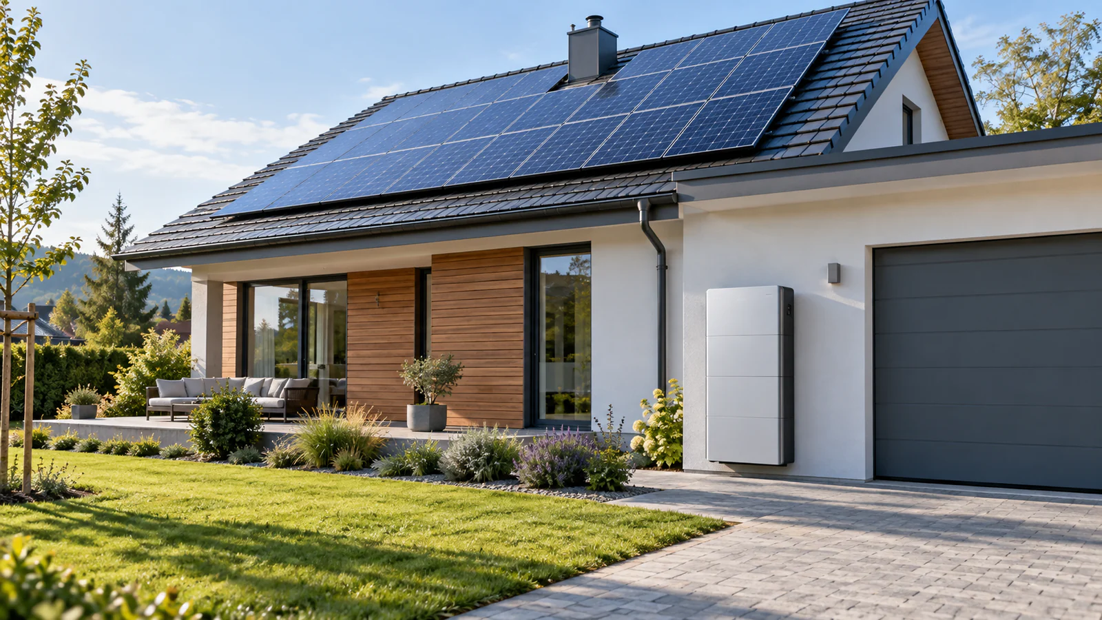 Residential home with rooftop solar panels and wall-mounted battery storage