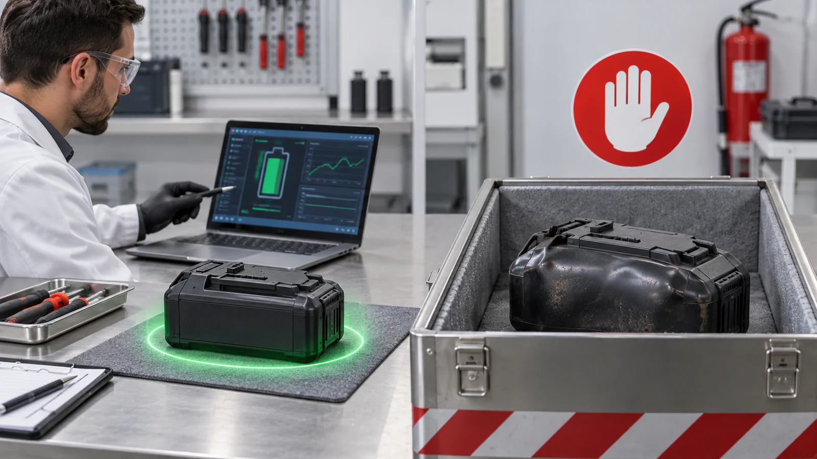 Comparison between an intact lithium battery under evaluation and a damaged battery isolated for replacement