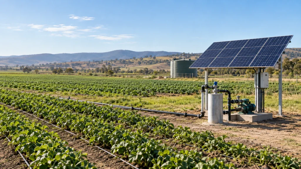 Solar powered water pump, PV array and irrigation lines on a farm