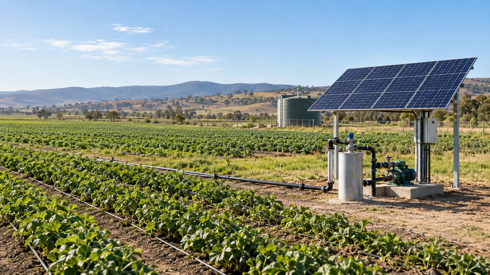 Solar powered water pump, PV array and irrigation lines on a farm