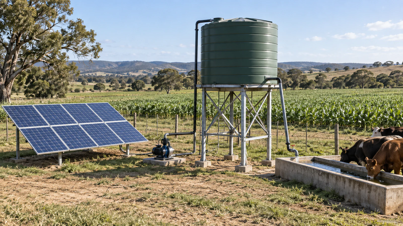 Solar PV array and water pump filling an elevated farm tank for later livestock water supply