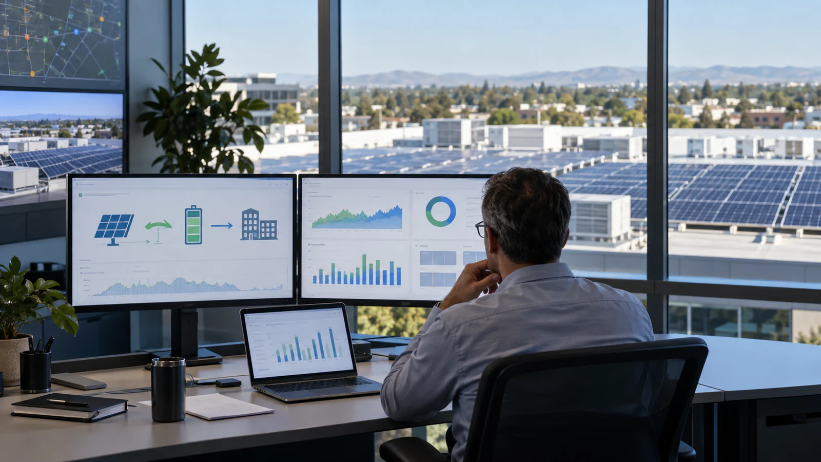 Energy manager reviewing solar storage load data in a commercial control room