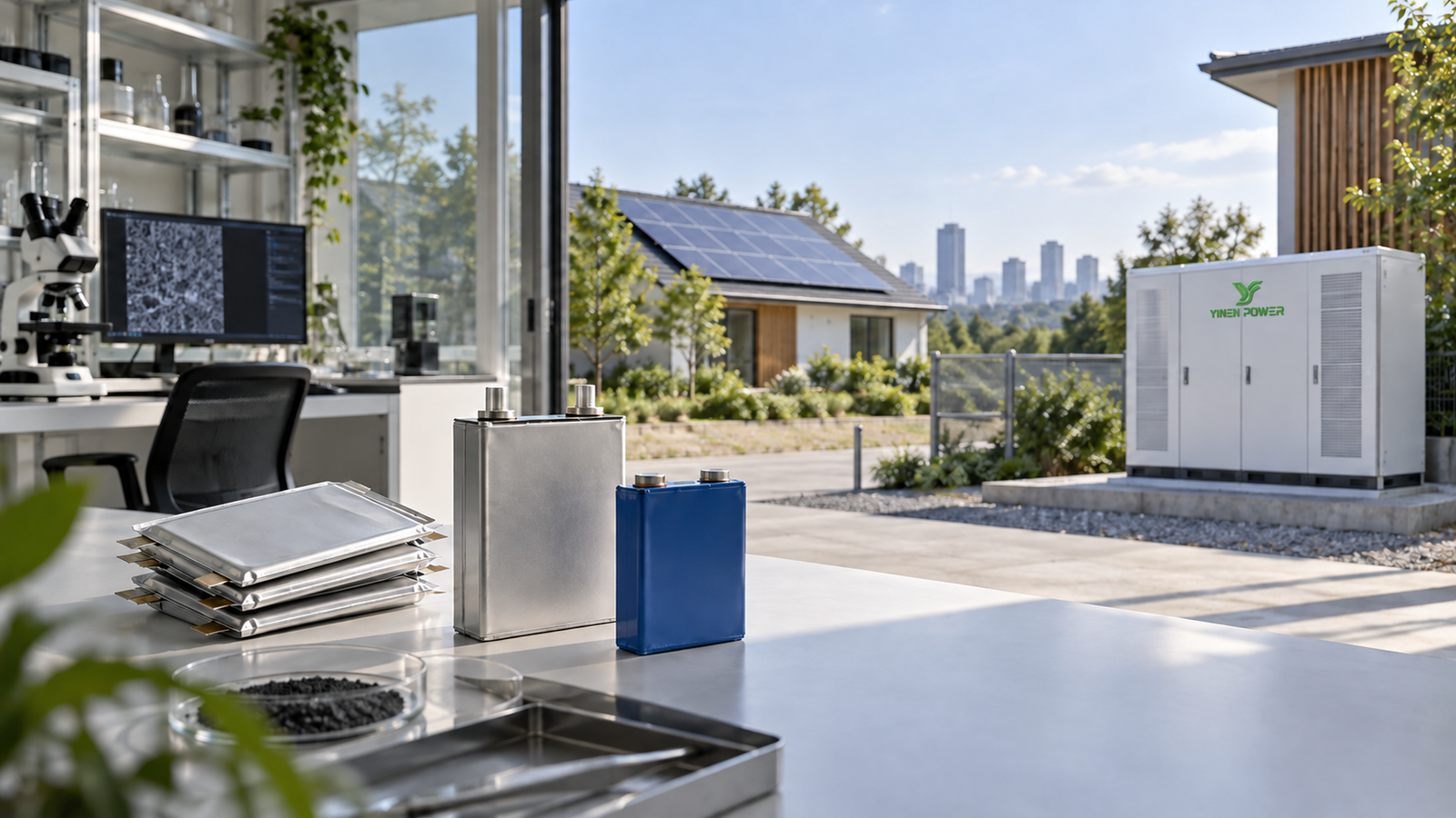 Battery research cells beside a solar powered building and YINEN POWER branded stationary storage cabinet