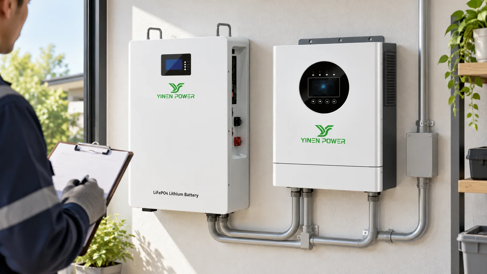 YINEN POWER wall battery and hybrid inverter shown together for compatibility planning