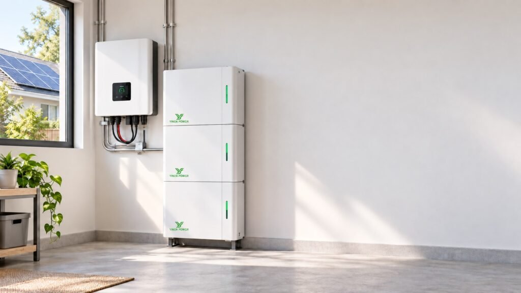 YINEN POWER high-capacity low-voltage home battery and hybrid inverter in a residential solar installation