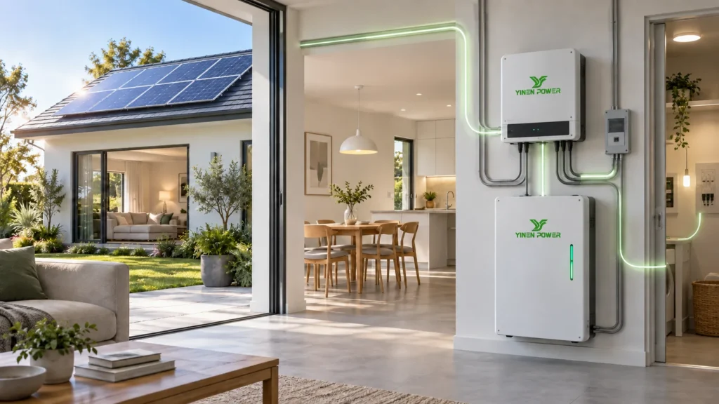 YINEN low-voltage home battery with hybrid inverter and rooftop solar panels