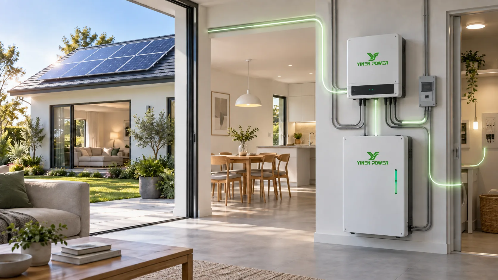 YINEN low-voltage home battery with hybrid inverter and rooftop solar panels