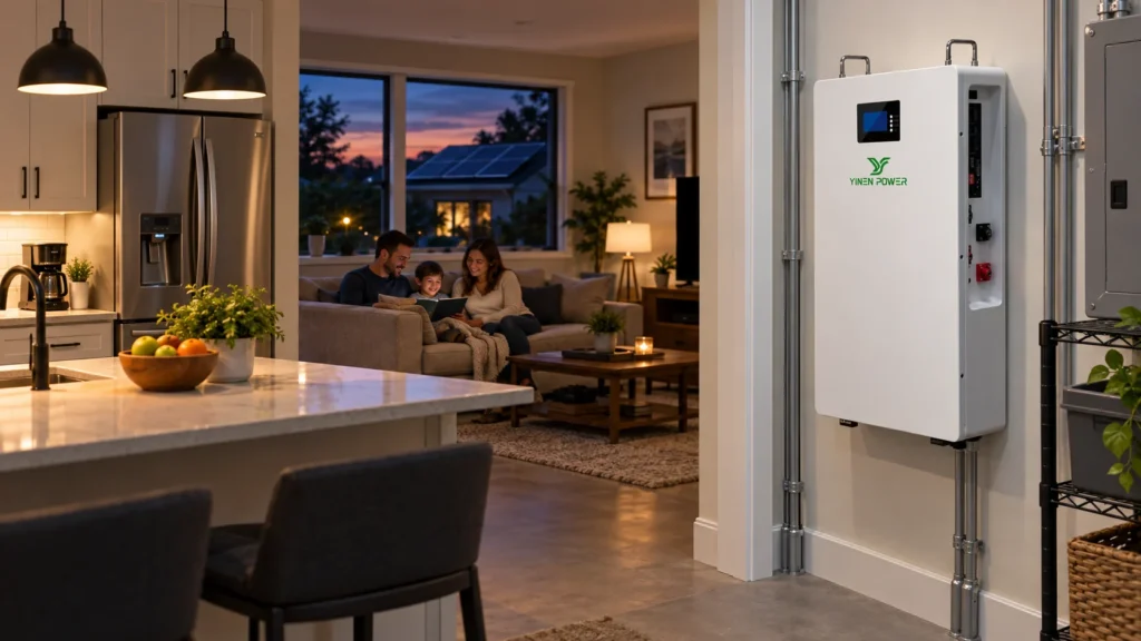 YINEN POWER branded wall battery in a home backup scene at dusk