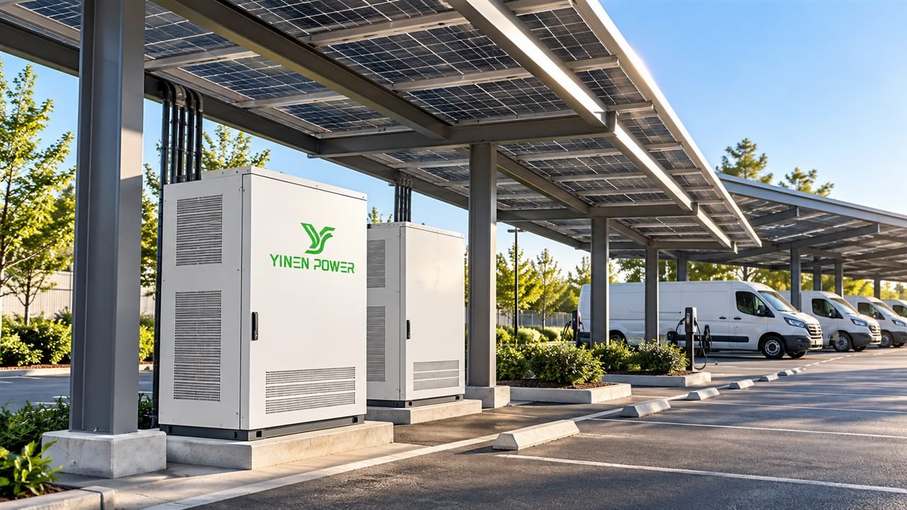 YINEN POWER commercial battery cabinets under a solar carport for fleet charging