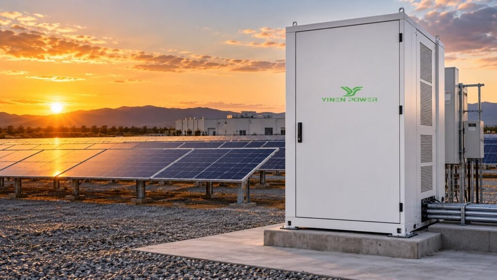 YINEN POWER battery storage cabinet for a 1 MW solar project at sunset
