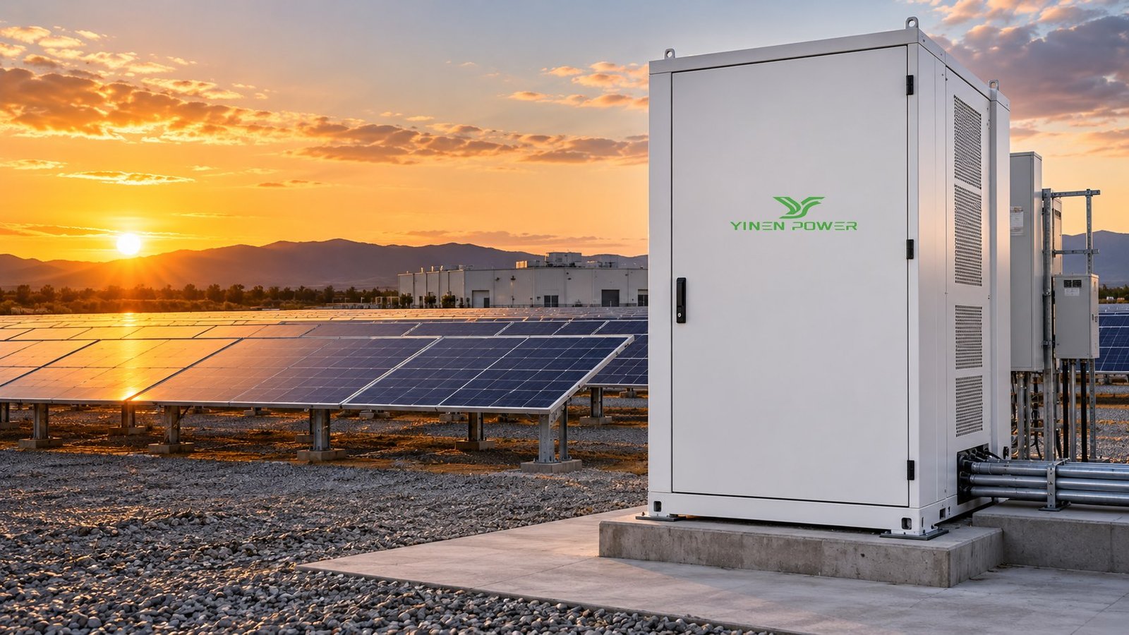 YINEN POWER battery storage cabinet for a 1 MW solar project at sunset