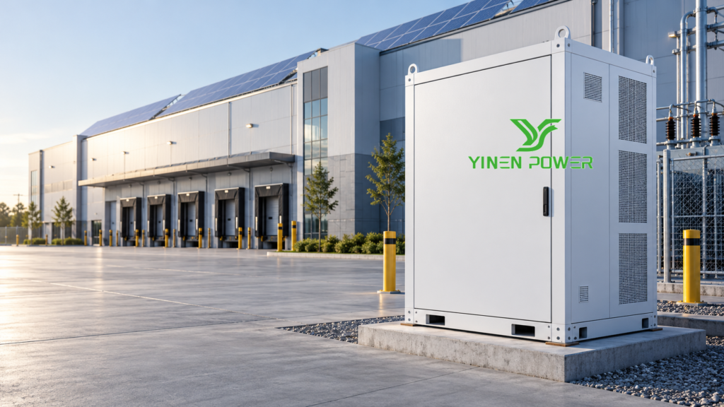 YINEN POWER commercial battery energy storage cabinet at a solar-equipped logistics facility