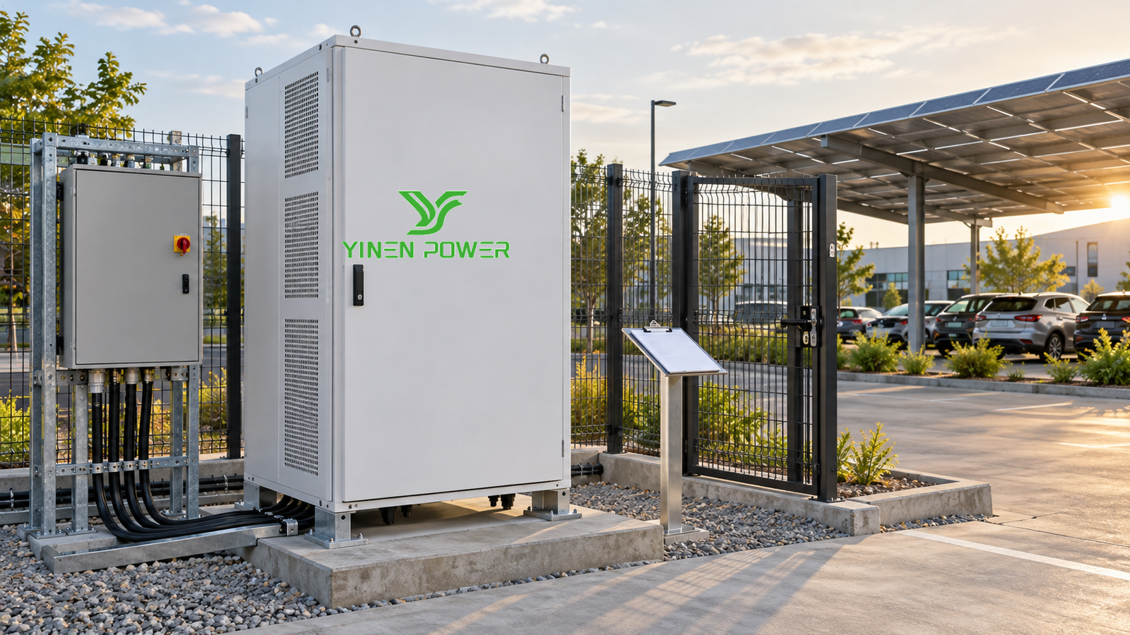 YINEN POWER commercial battery energy storage cabinet with service access beside a solar carport
