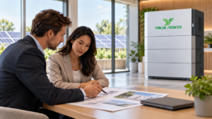 YINEN POWER energy storage partner consultation beside a branded battery system