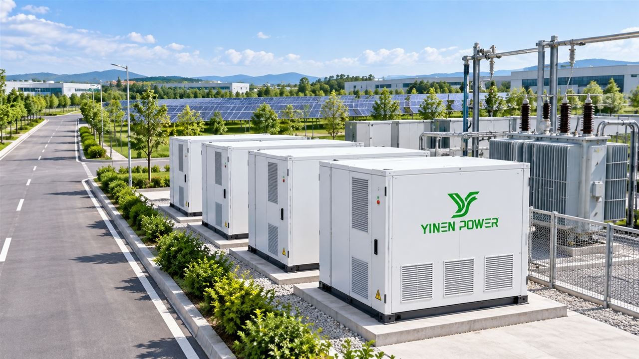 YINEN POWER modular commercial energy storage cabinets at an industrial park