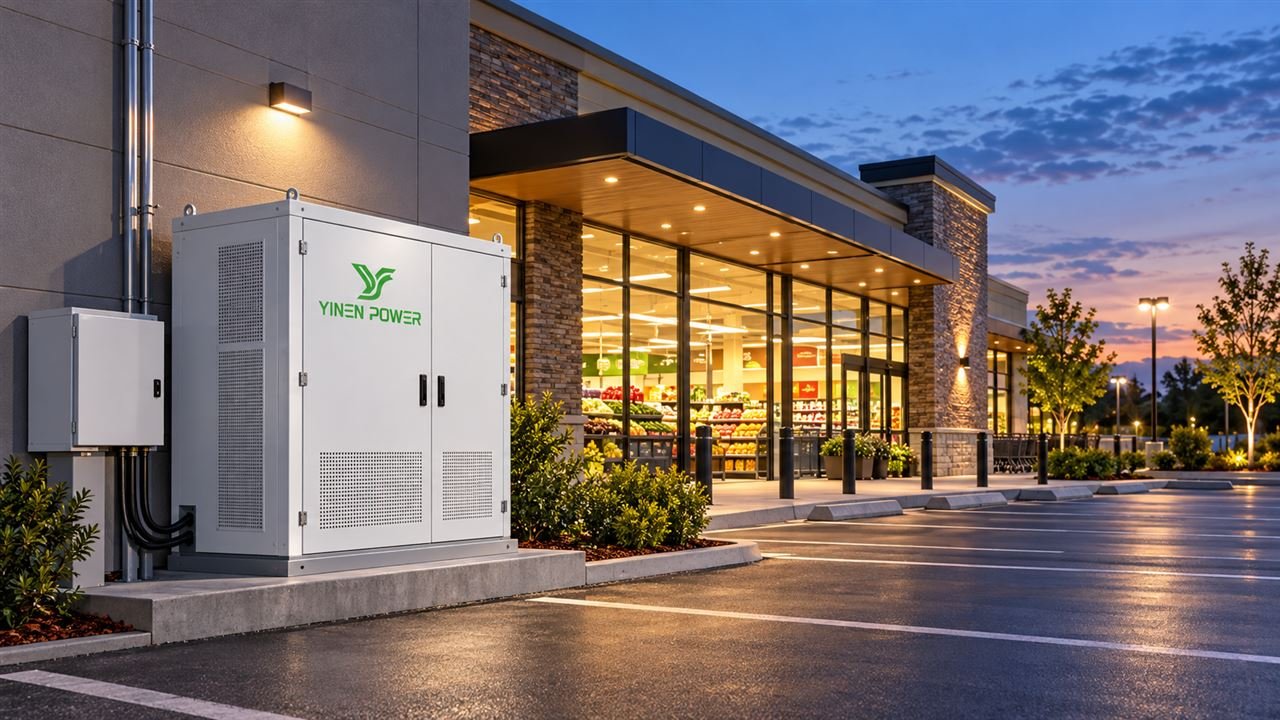 YINEN POWER commercial battery system outside a retail site at dusk