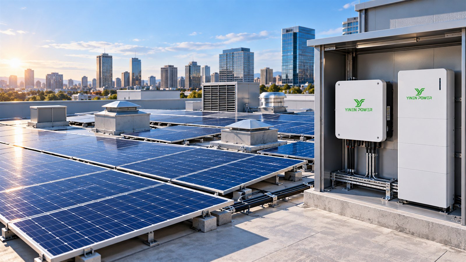 YINEN POWER inverter and battery beside a space-constrained commercial rooftop solar array
