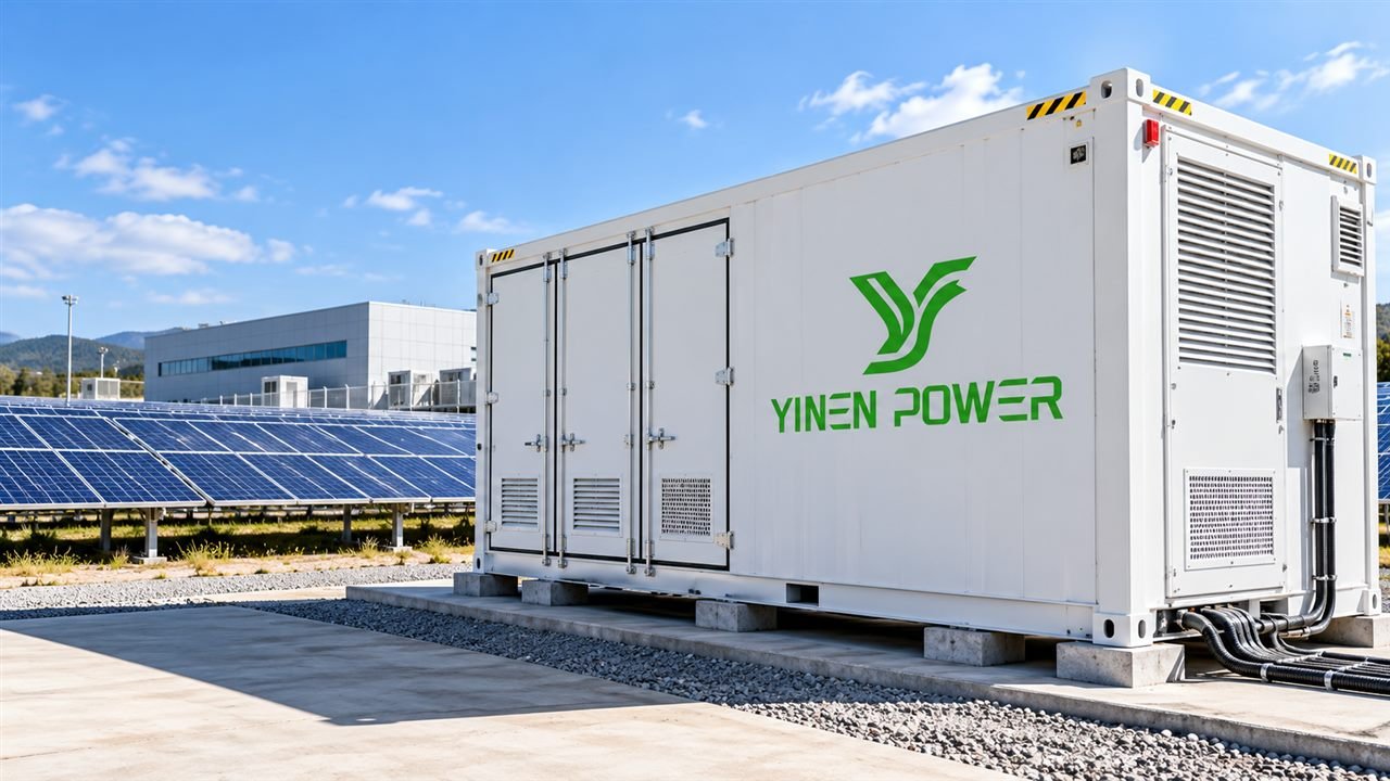 YINEN POWER containerized battery energy storage system beside solar arrays