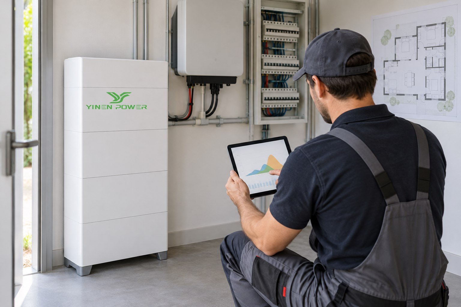 Installer reviewing expandable home battery system load planning beside a YINEN POWER battery