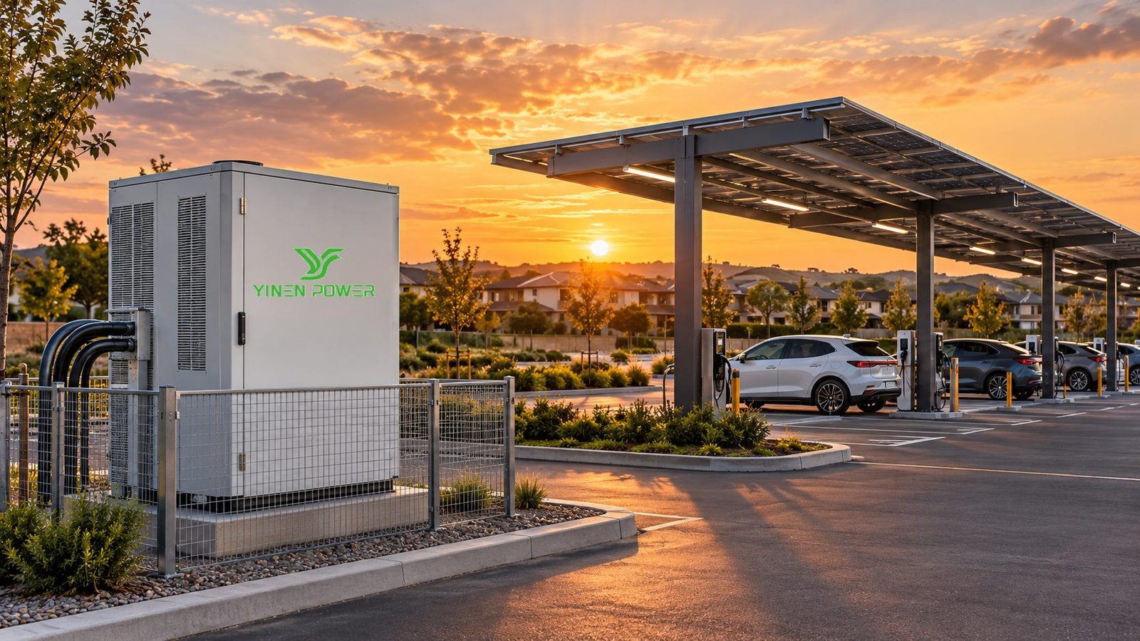 YINEN POWER battery energy storage cabinet beside a solar carport serving a residential district