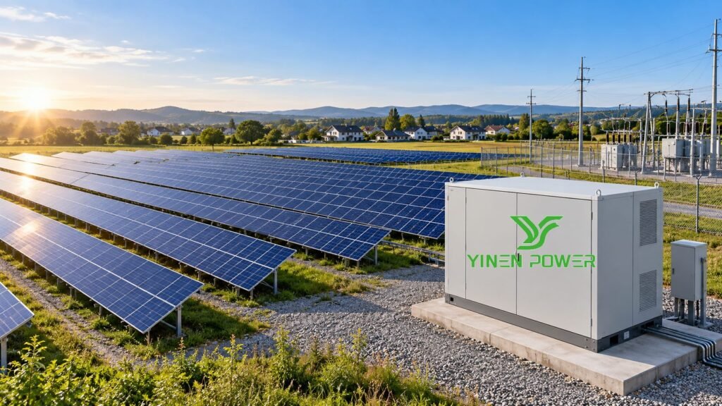 YINEN POWER battery cabinet beside a 1 MW community solar field
