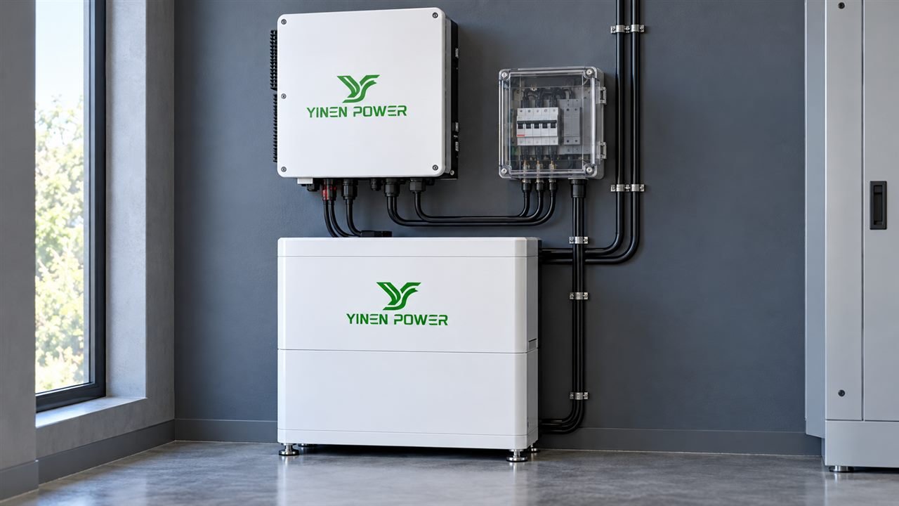 Solar battery cycle life system controls: YINEN POWER inverter and battery with routed cables