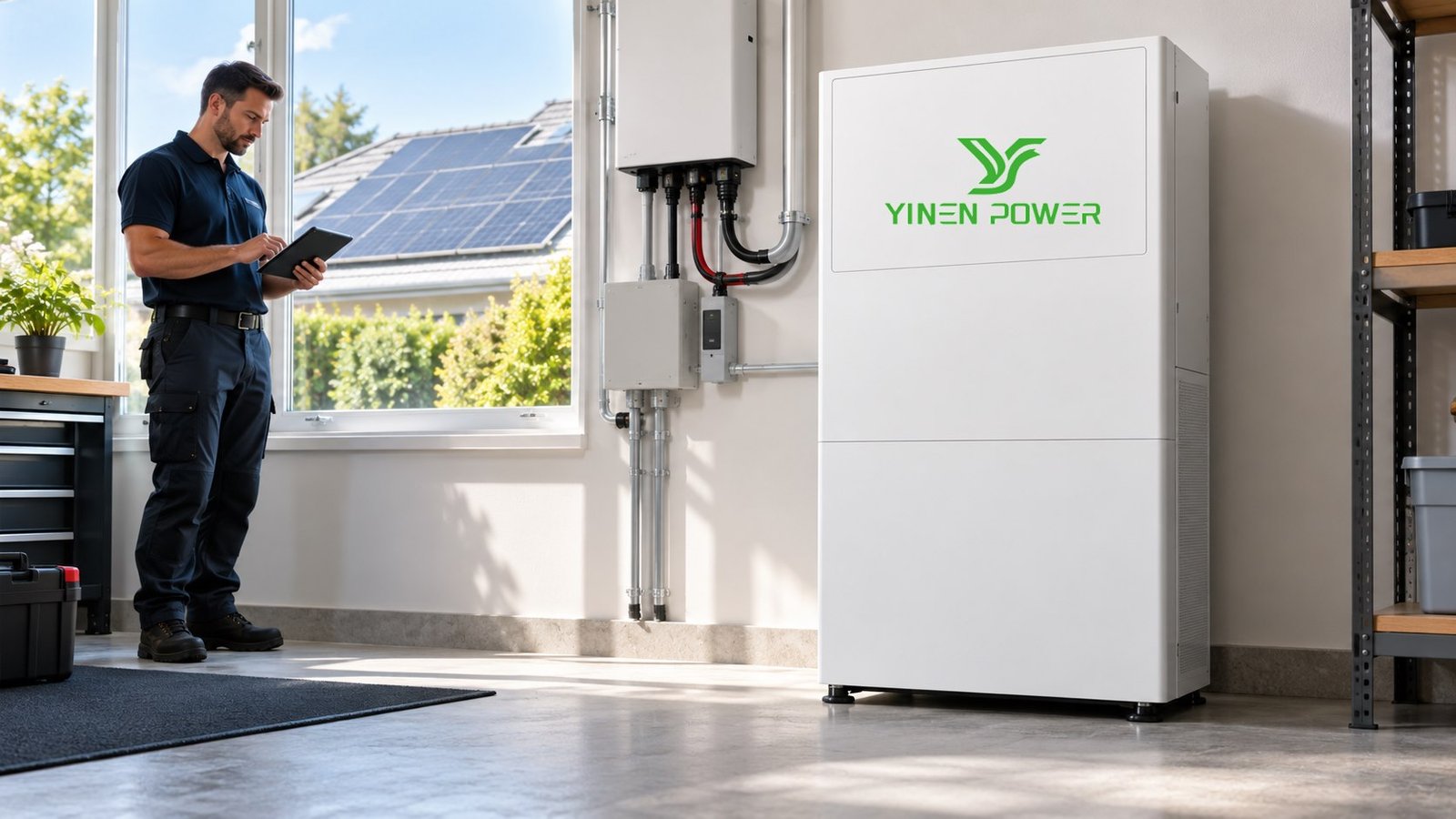 YINEN POWER battery cabinet during a monthly solar battery health check