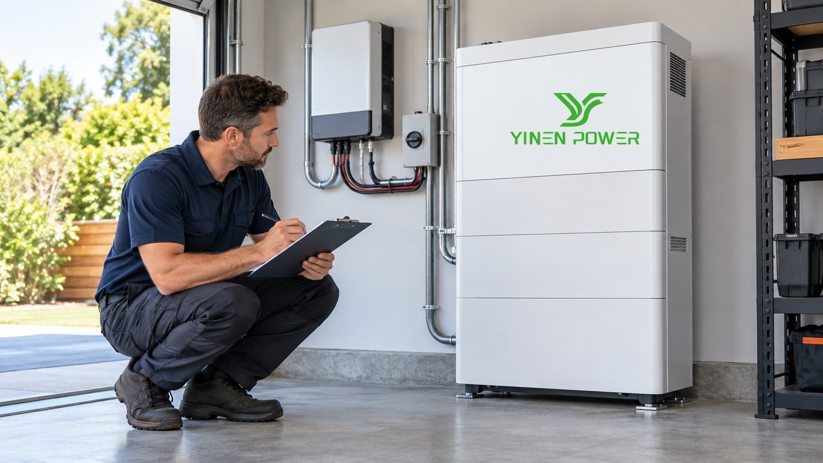 Installer reviewing a YINEN POWER battery cabinet during a service check