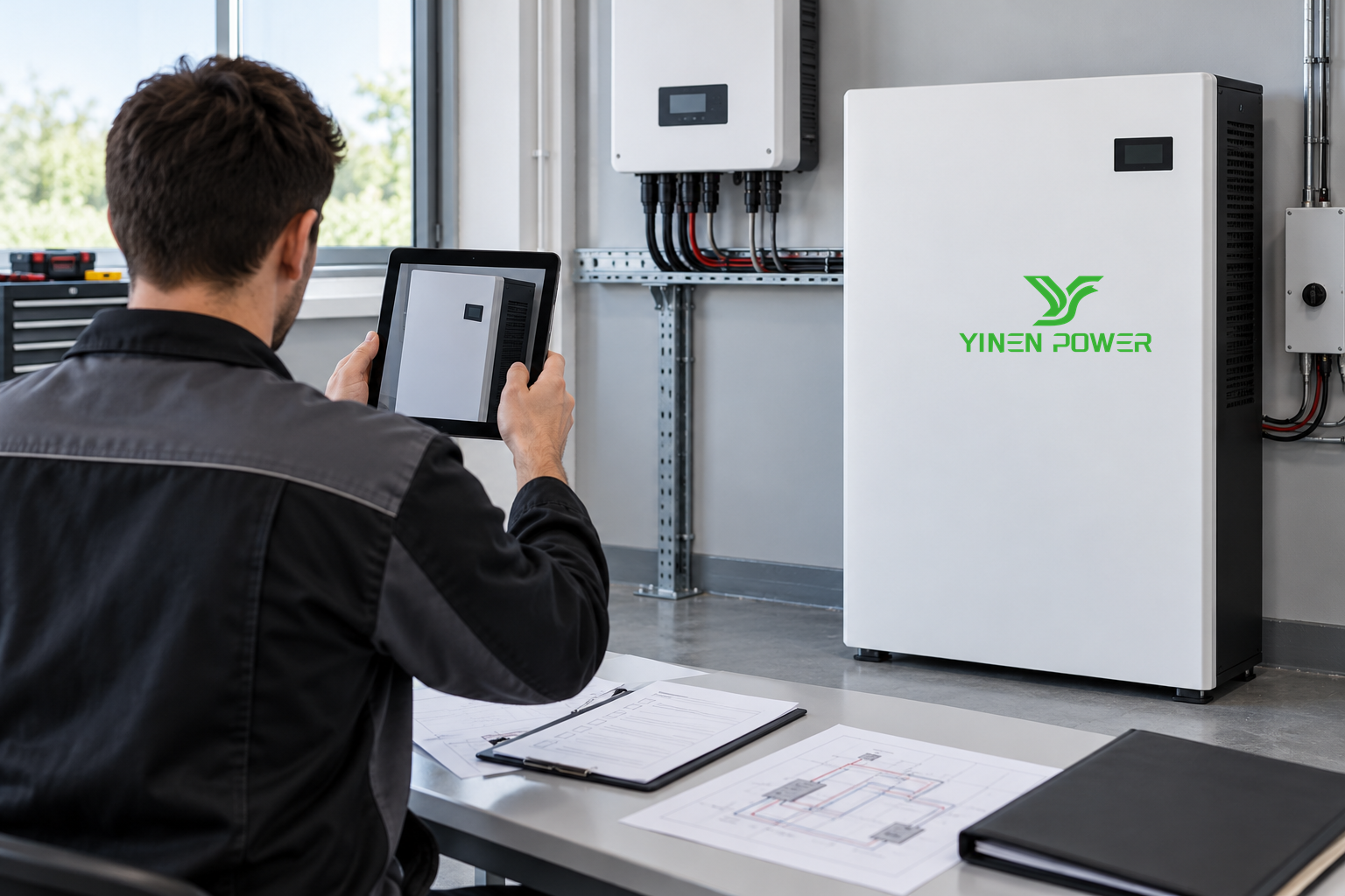 Installer recording a YINEN POWER battery serial number for energy storage warranty registration