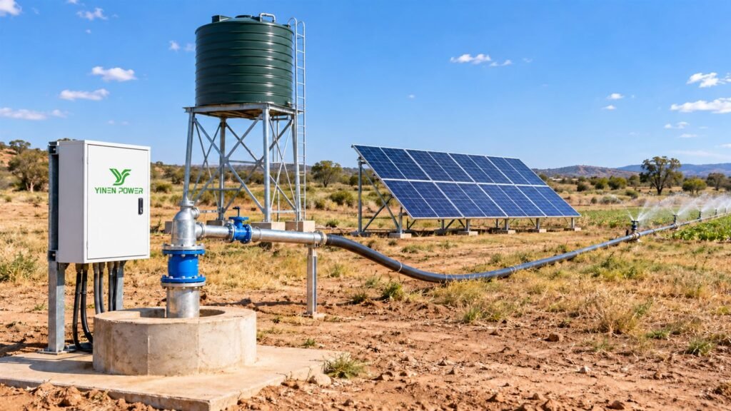 YINEN POWER solar pump inverter beside a well, water tank and solar panels