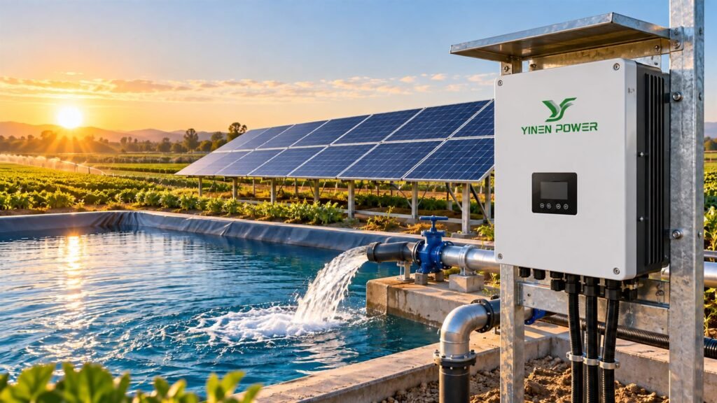 YINEN POWER solar pump inverter beside a farm irrigation reservoir and PV array