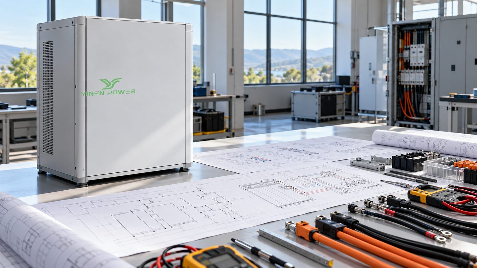YINEN POWER branded battery cabinet being reviewed with electrical interface drawings