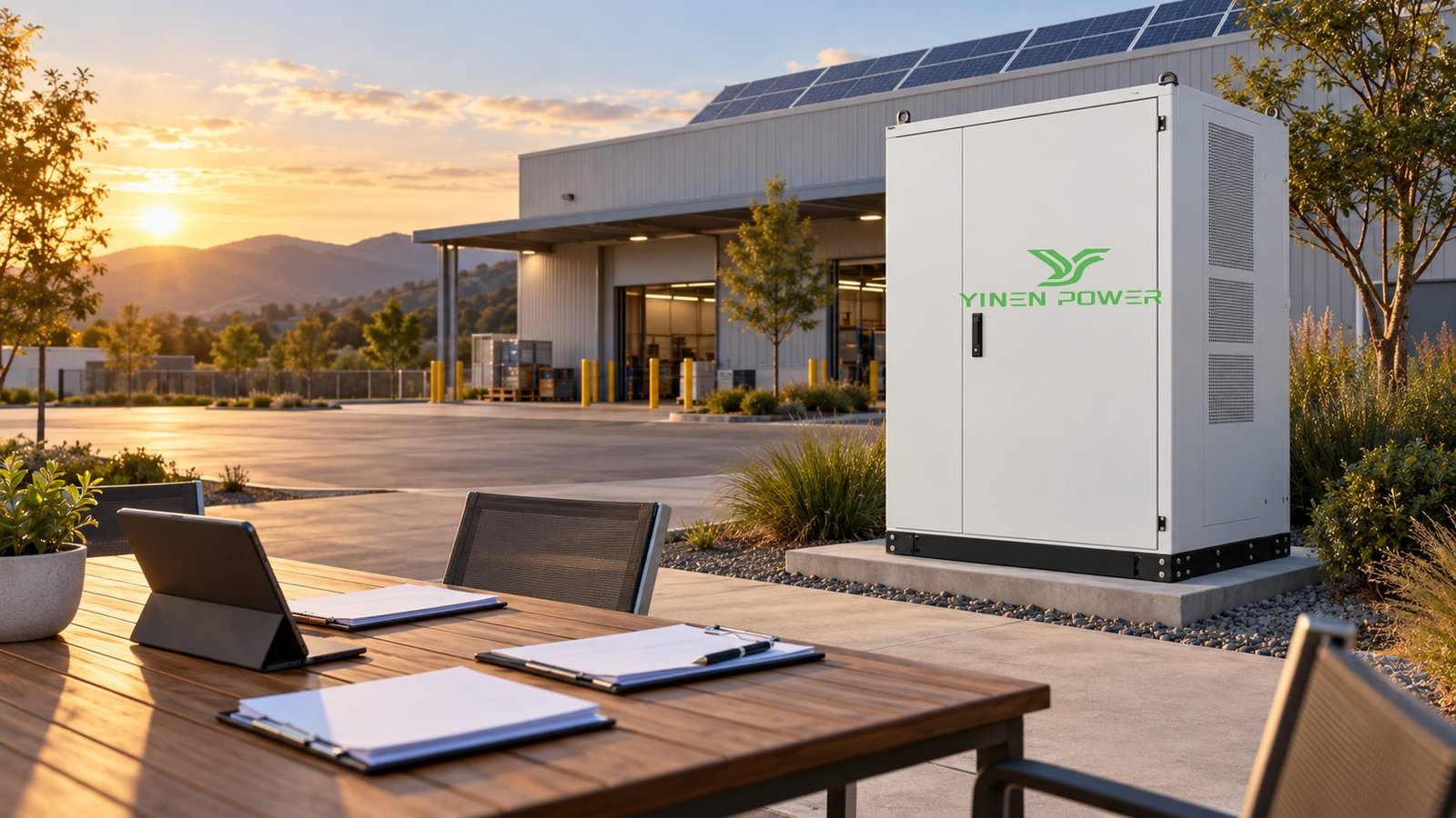 YINEN POWER branded energy storage cabinet beside an industrial project review table