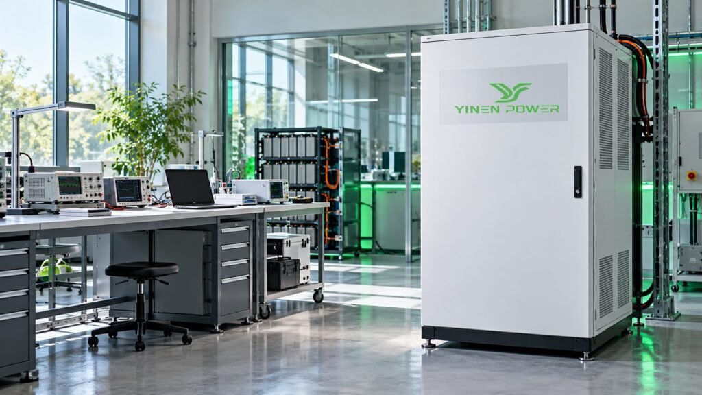 YINEN POWER branded battery cabinet in a next-generation battery validation laboratory