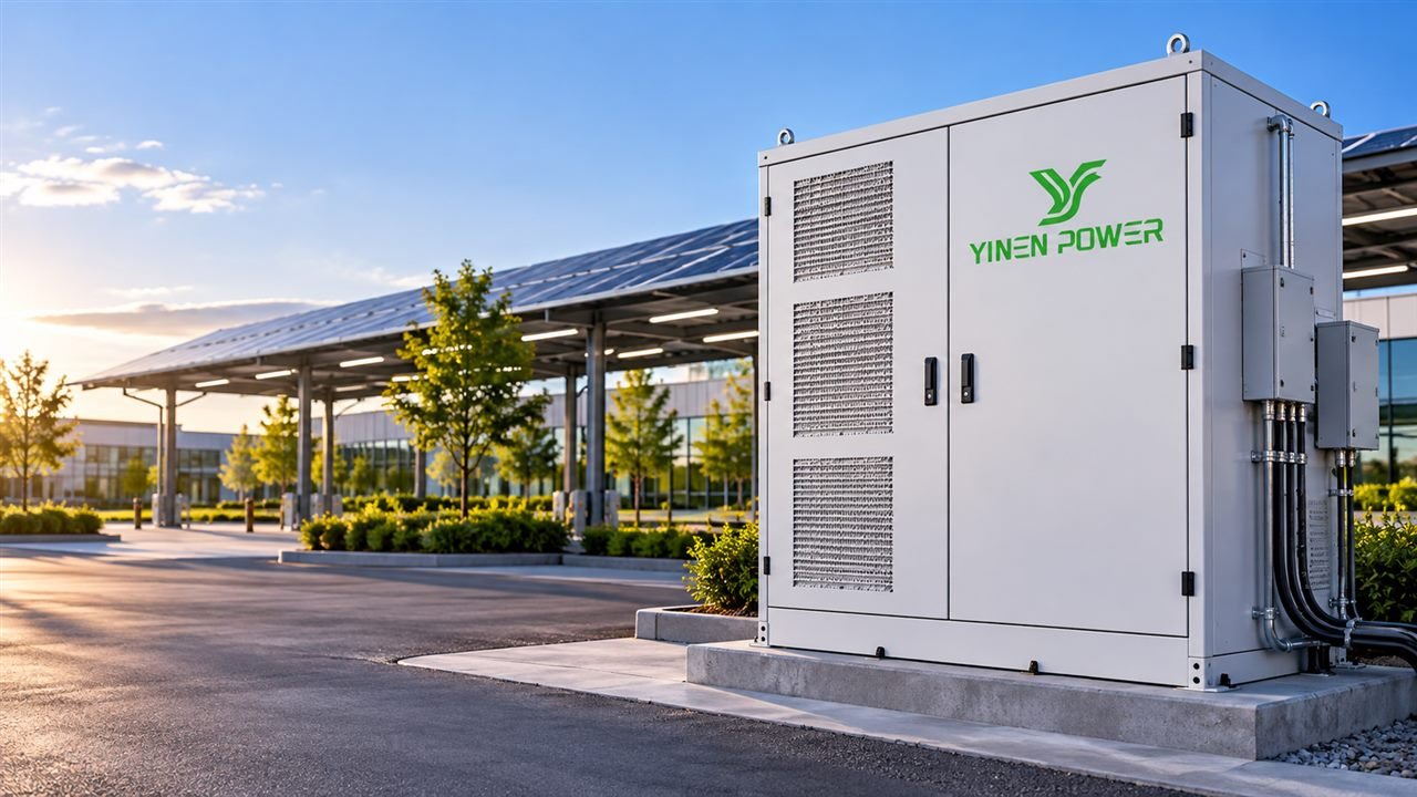 What is BESS: YINEN POWER outdoor battery energy storage cabinet at a solar-equipped business park