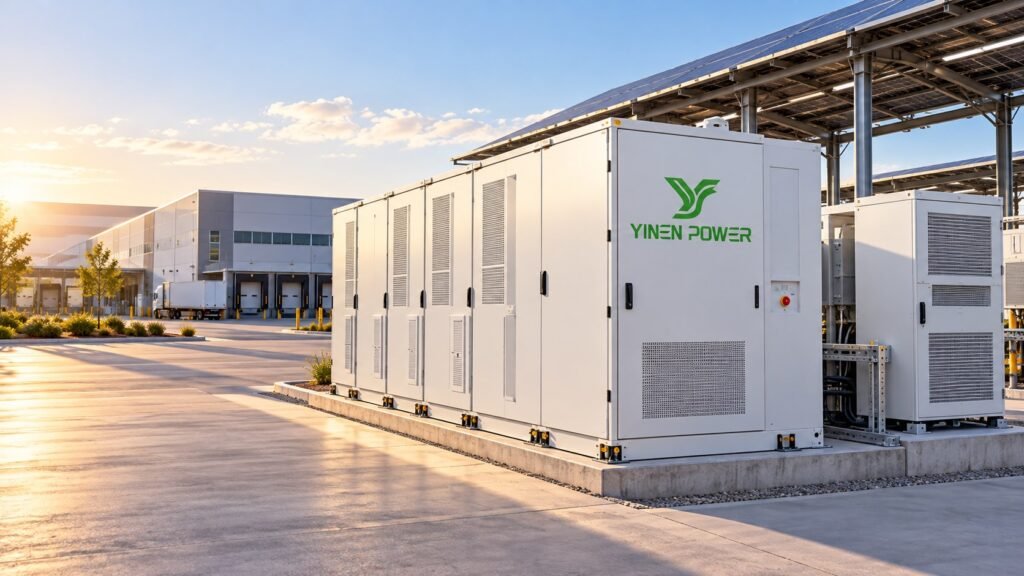 1 megawatt of power commercial BESS by YINEN POWER beside solar canopies