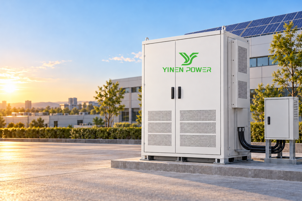 YINEN POWER commercial battery energy storage system beside solar-equipped business premises