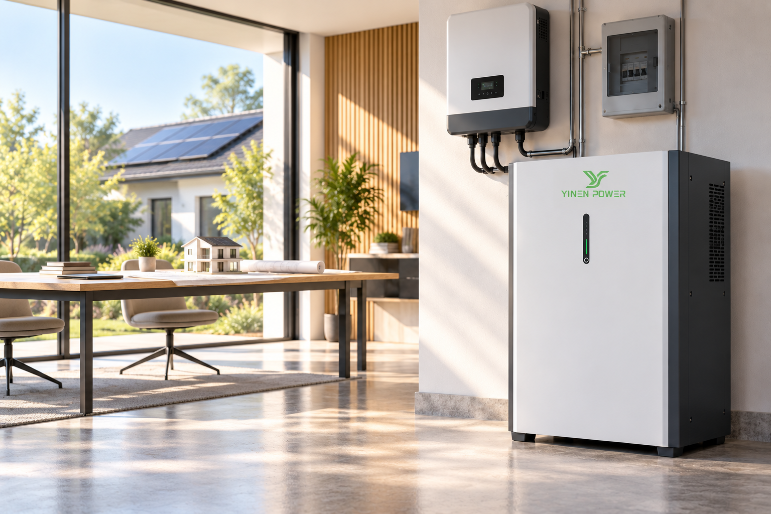 YINEN POWER branded residential energy storage battery and hybrid inverter in a clean project-planning setting