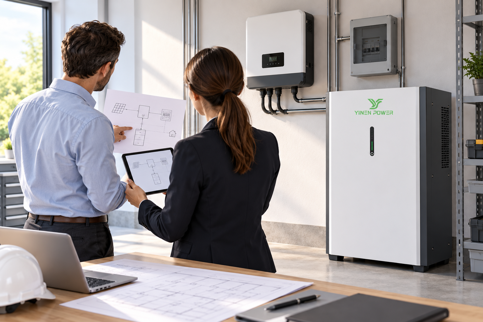 Energy storage installer and project planner reviewing a YINEN POWER battery and hybrid inverter system layout