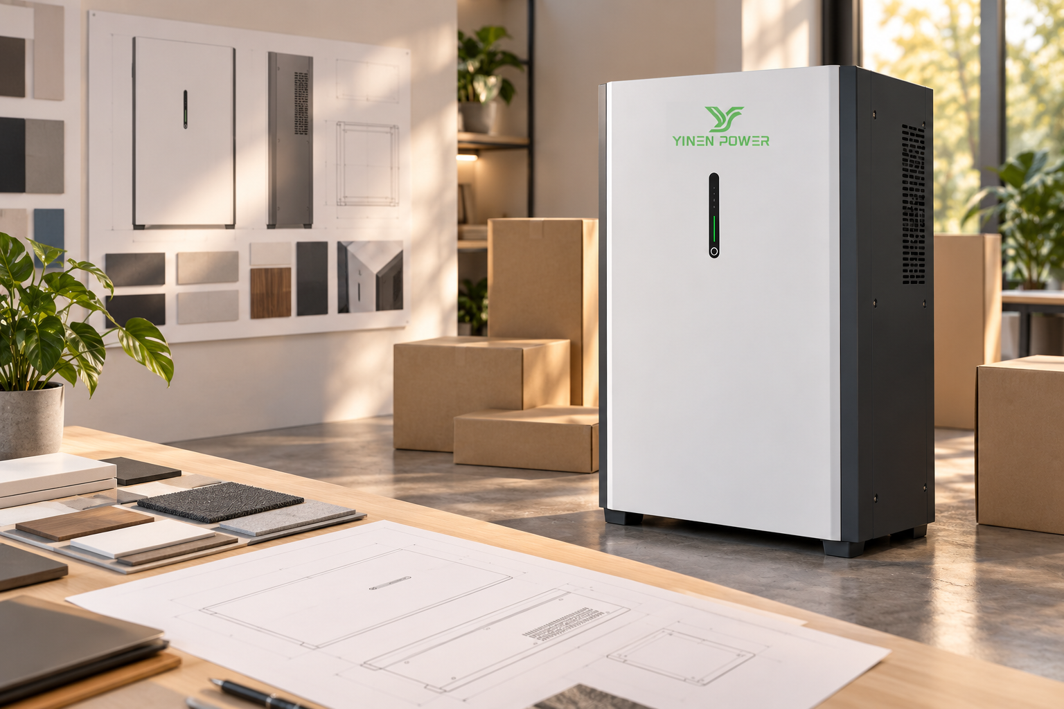 OEM energy storage planning desk with a YINEN POWER branded battery product, packaging samples, and technical documents