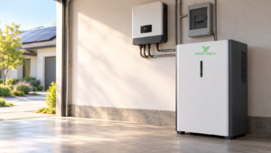 YINEN POWER low voltage residential energy storage battery installed beside a hybrid inverter in a home utility space