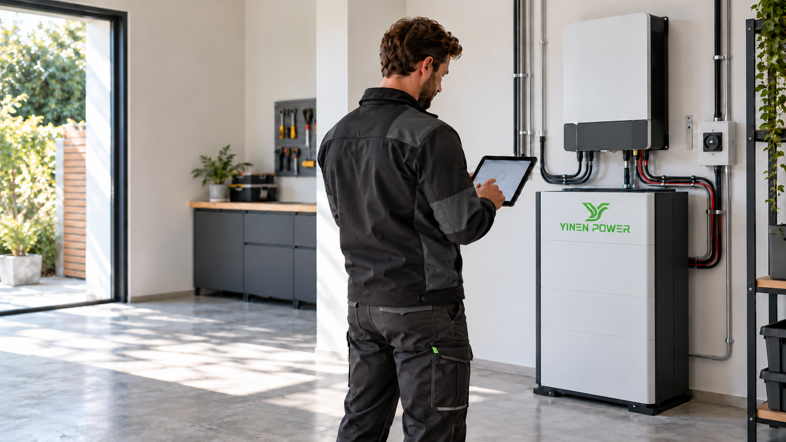 Energy storage partner installer reviewing a YINEN POWER battery system