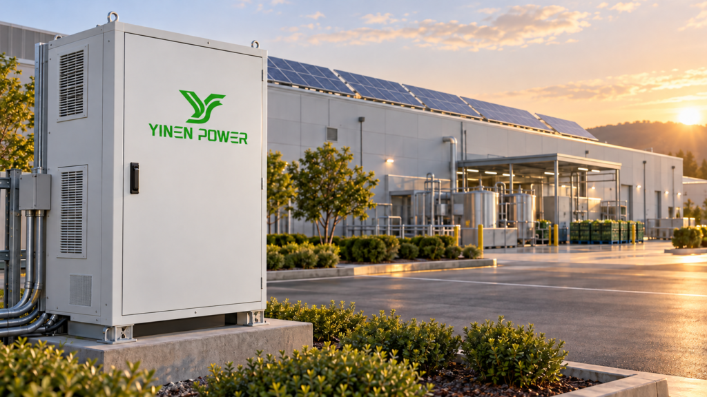 YINEN POWER rechargeable battery energy storage cabinet at a solar-equipped commercial facility